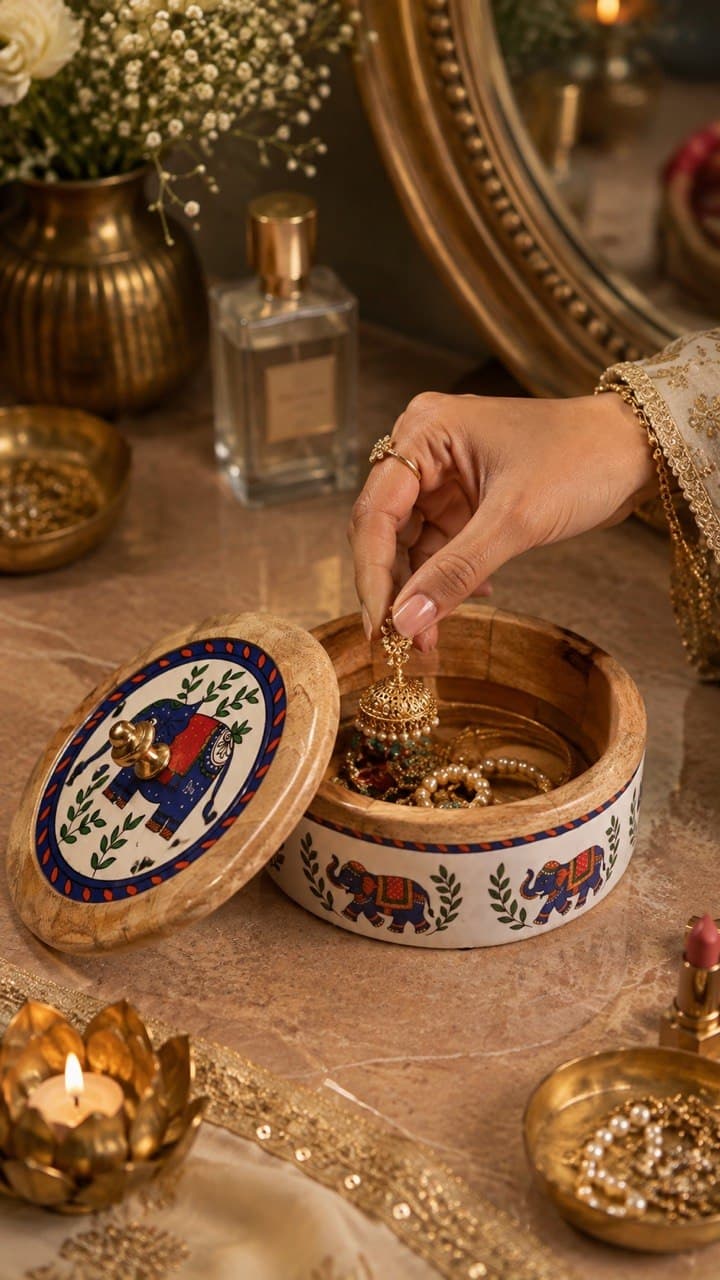 A hand placing jewellery into the hand-painted elephant box