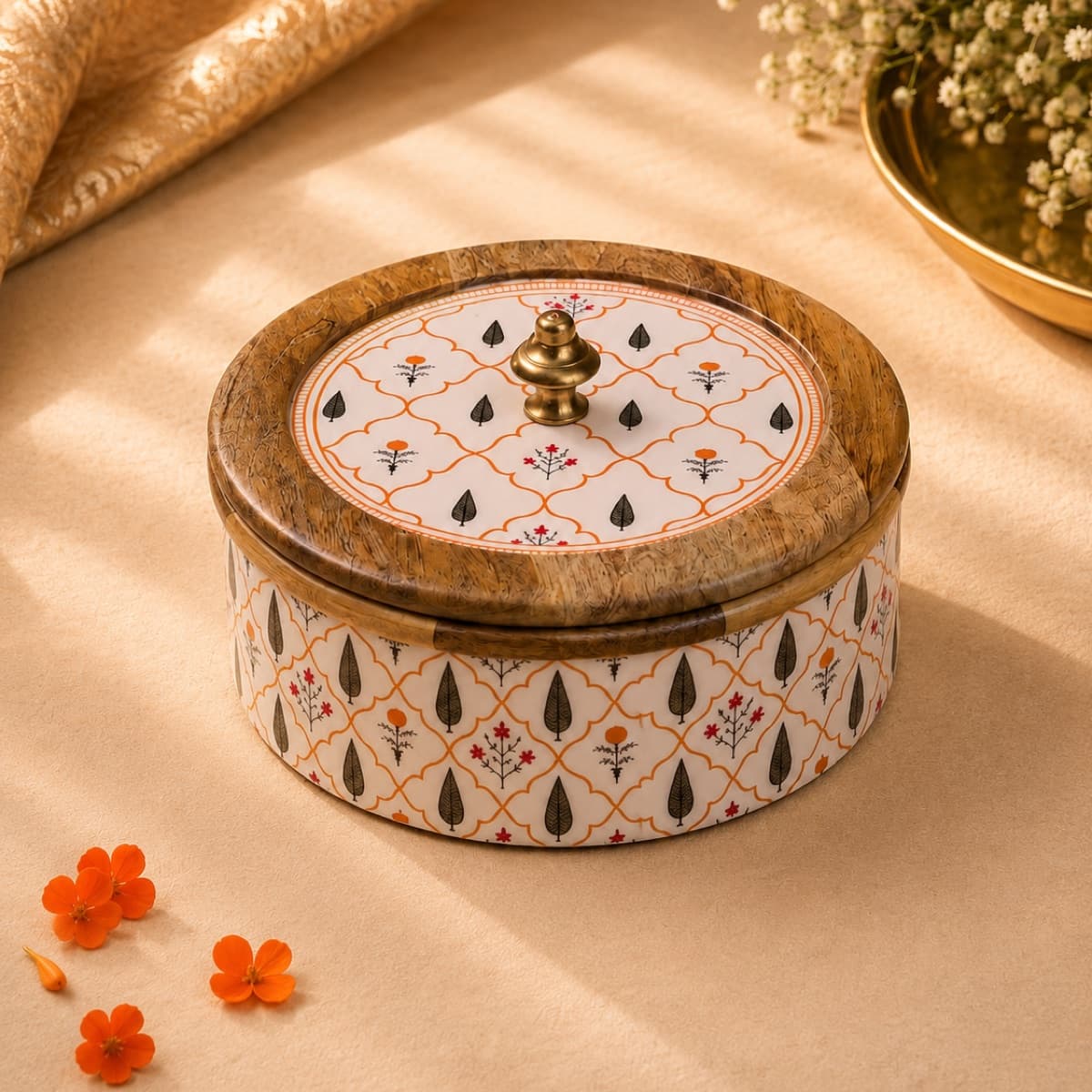 The Madhubani elephant box seen from above in its saffron gift box