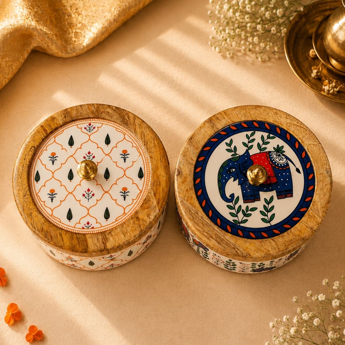 The Madhubani elephant box beside a brass lotus diya and marigolds